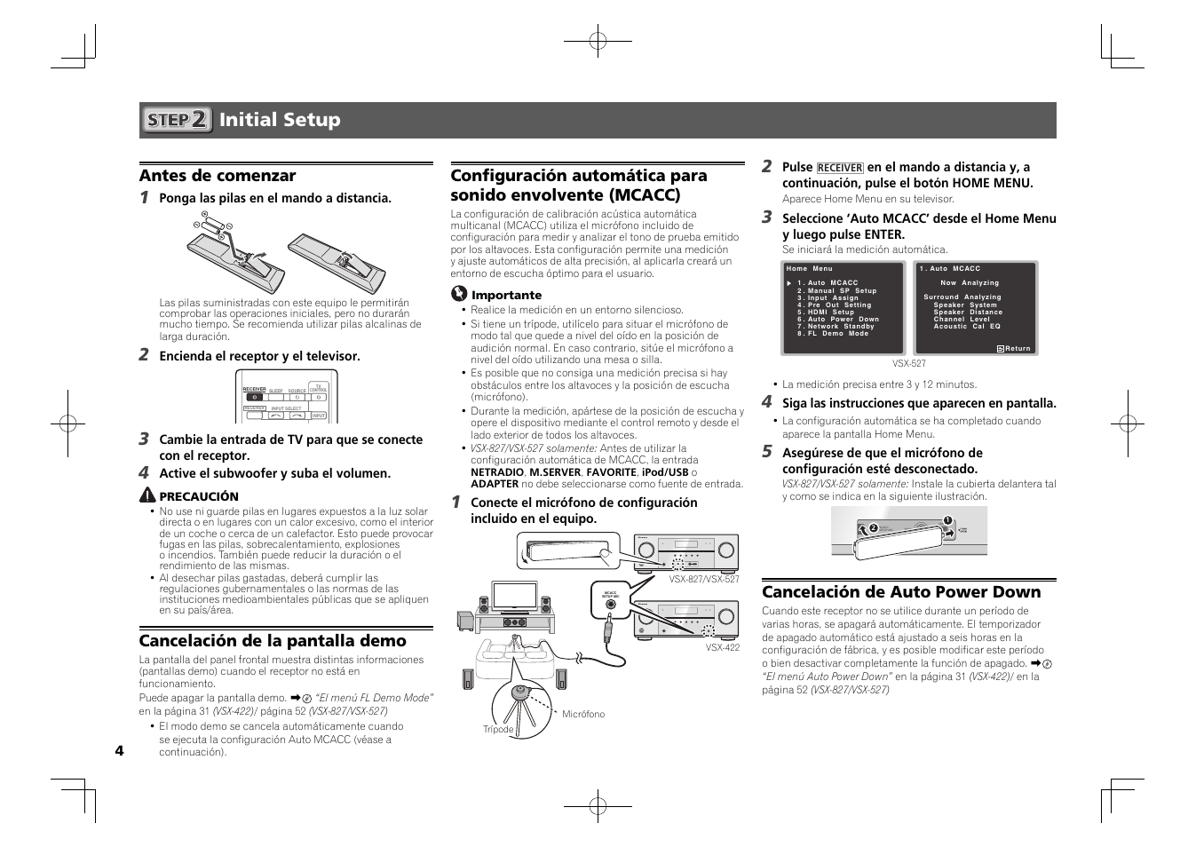 Initial setup, Control on / off 2, Antes de comenzar | Cancelación de la pantalla demo, Cancelación de auto power down | Pioneer VSX-827-K User Manual | Page 34 / 44