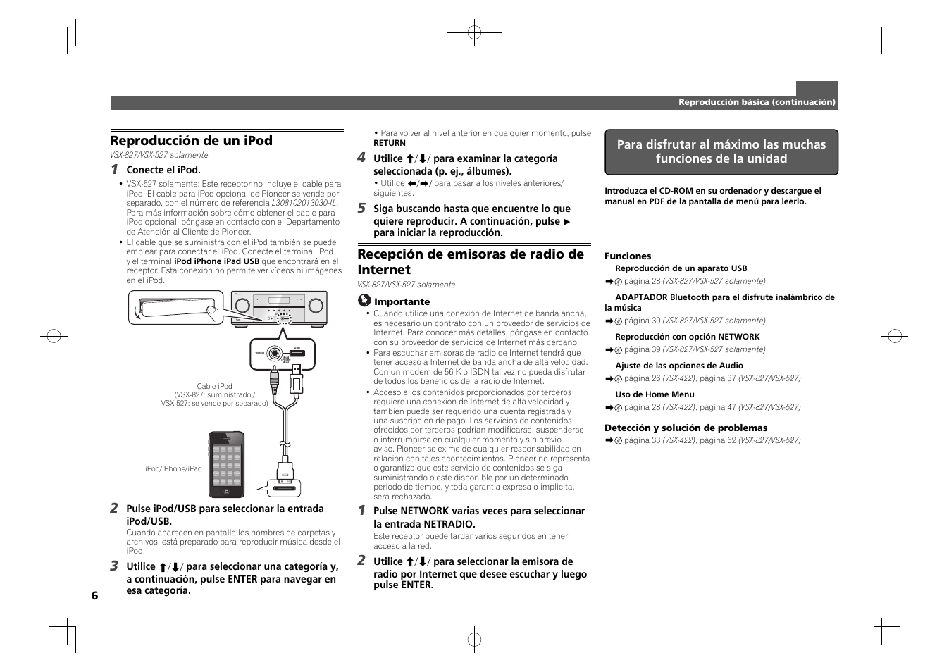 Control on / off, Reproducción de un ipod, Recepción de emisoras de radio de internet | Pioneer VSX-827-K User Manual | Page 36 / 44