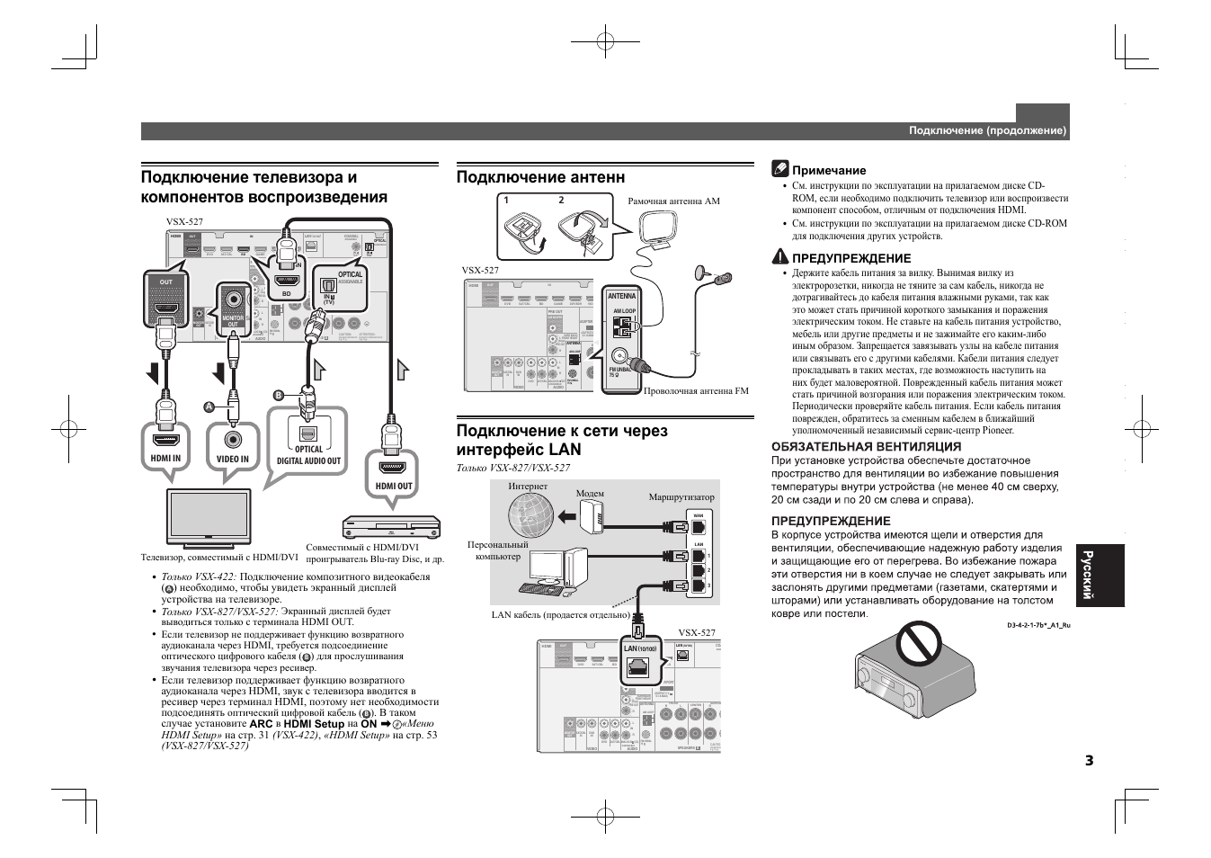 Assignable 1, Assignable assig 1, Speaker im 6 -16 | Assignable, Подключение антенн, Подключение к сети через интерфейс lan, Примечание, Предупреждение | Pioneer VSX-827-K User Manual | Page 39 / 44