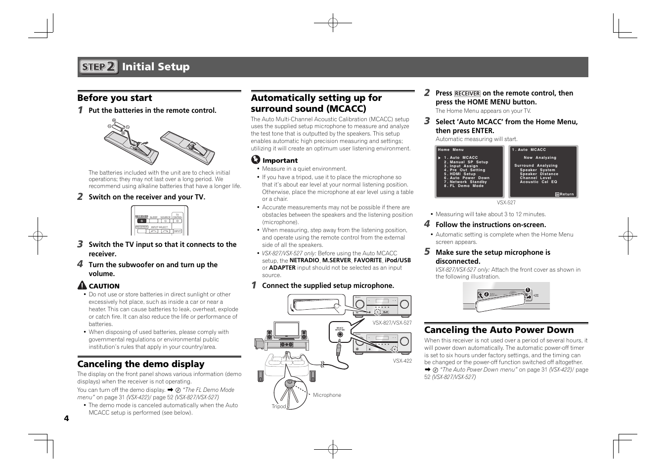 Initial setup, Control on / off 2, Before you start | Canceling the demo display, Canceling the auto power down | Pioneer VSX-827-K User Manual | Page 4 / 44
