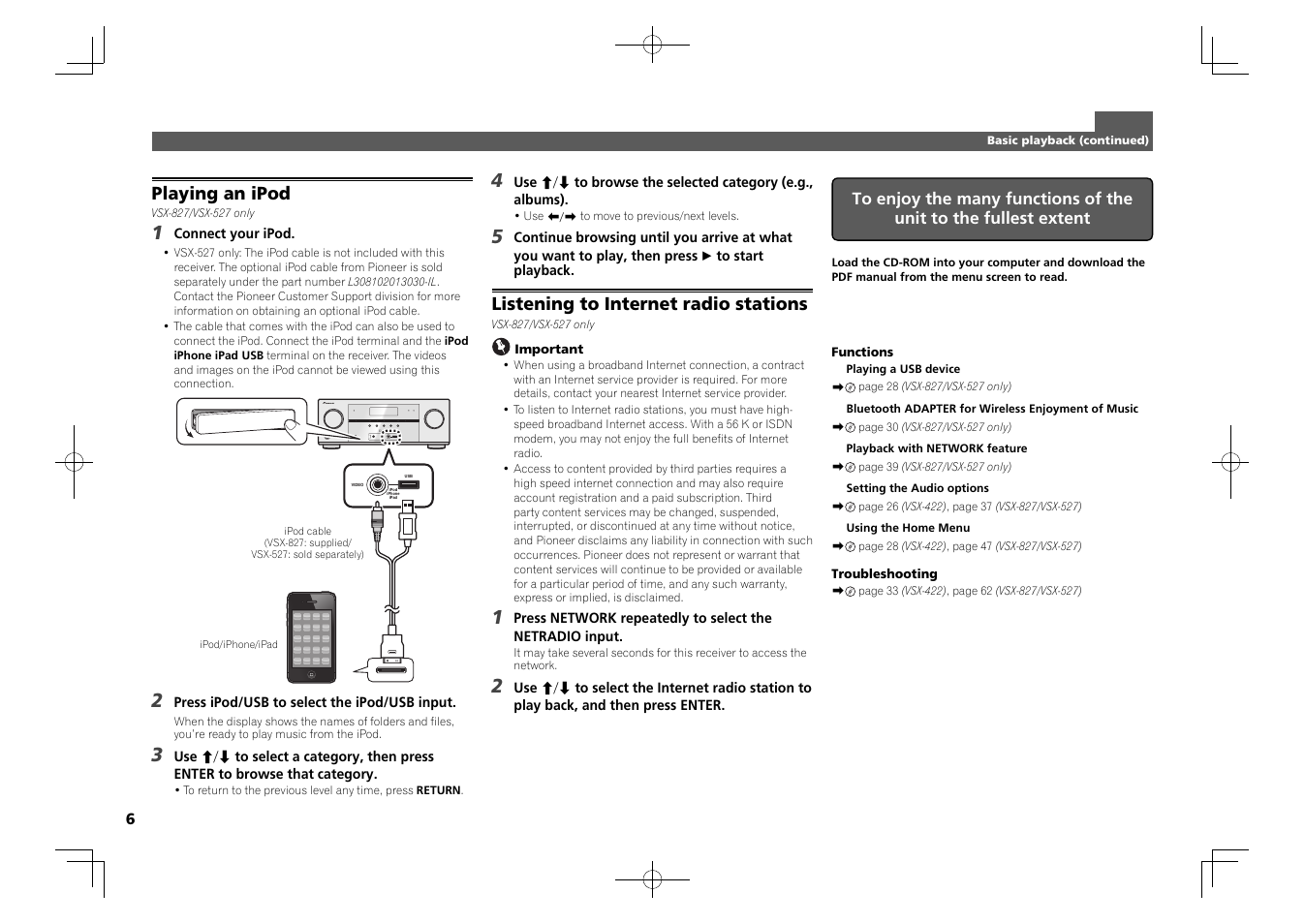 Control on / off, Playing an ipod, Listening to internet radio stations | Pioneer VSX-827-K User Manual | Page 6 / 44