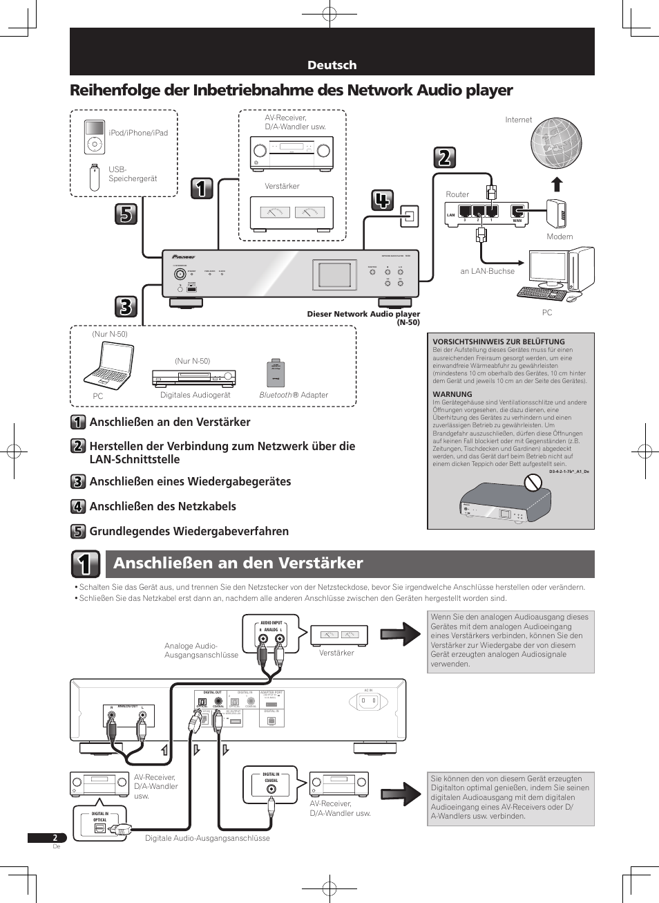 Kurzanleitung, Network audio player, Anschließen an den verstärker | Deutsch, Menu | Pioneer N-50-S User Manual | Page 26 / 32