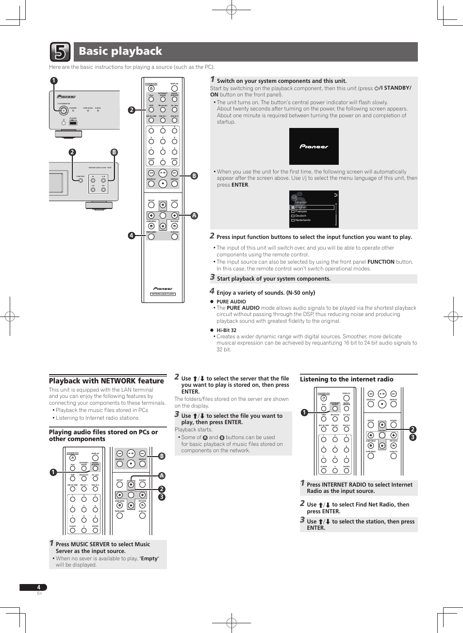 Basic playback, Playback with network feature, Listening to the internet radio | Switch on your system components and this unit, Start playback of your system components, Enjoy a variety of sounds. (n-50 only), 24 a b, Use to select find net radio, then press enter, Use to select the station, then press enter, Playback starts. • some of | Pioneer N-50-S User Manual | Page 4 / 32