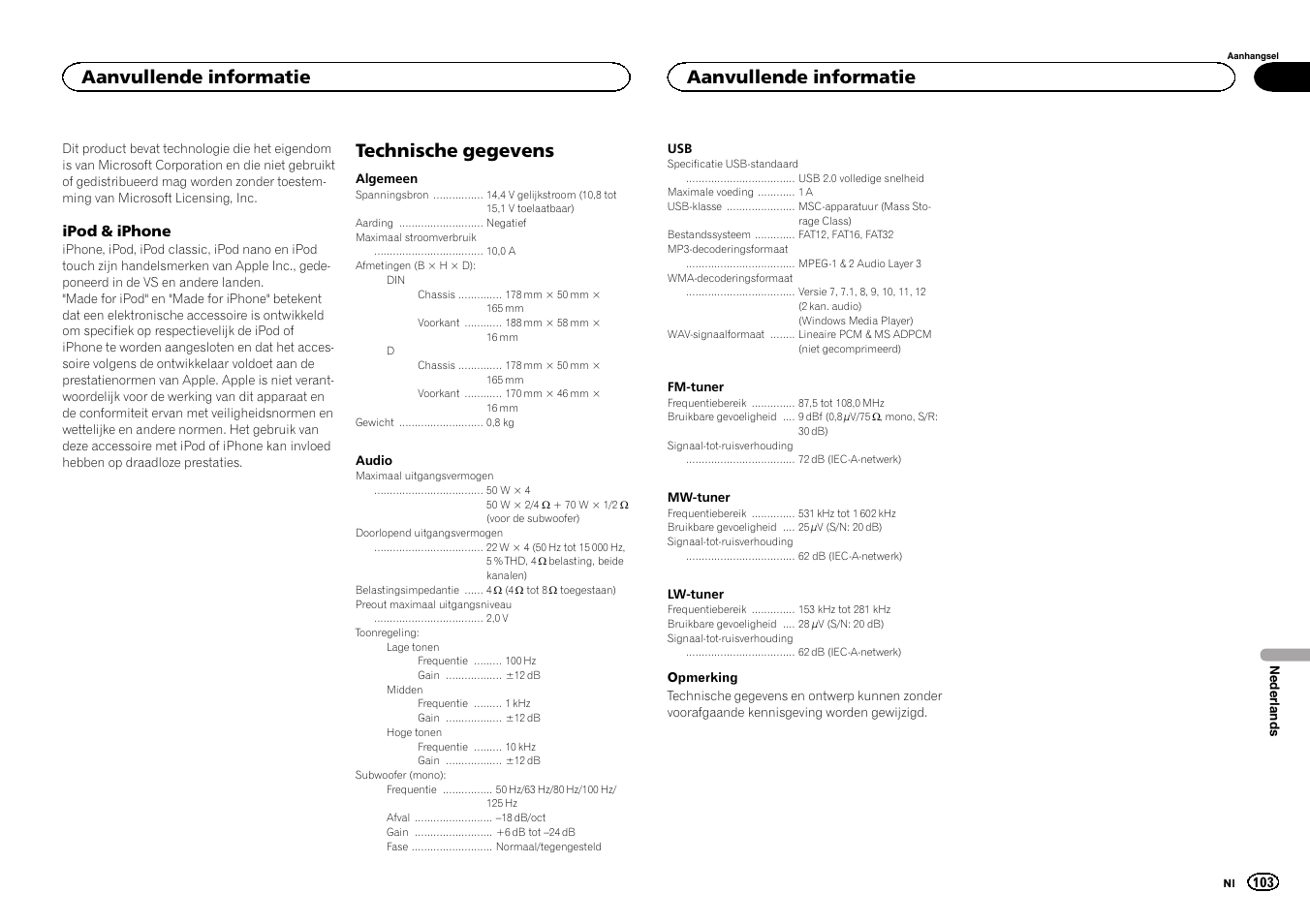 Technische gegevens, Aanvullende informatie | Pioneer MVH-1400UB User Manual | Page 103 / 124