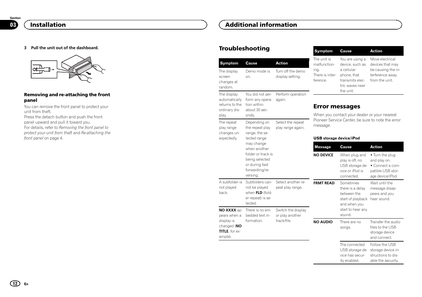 Troubleshooting, Error messages, Installation | Additional information | Pioneer MVH-1400UB User Manual | Page 12 / 124