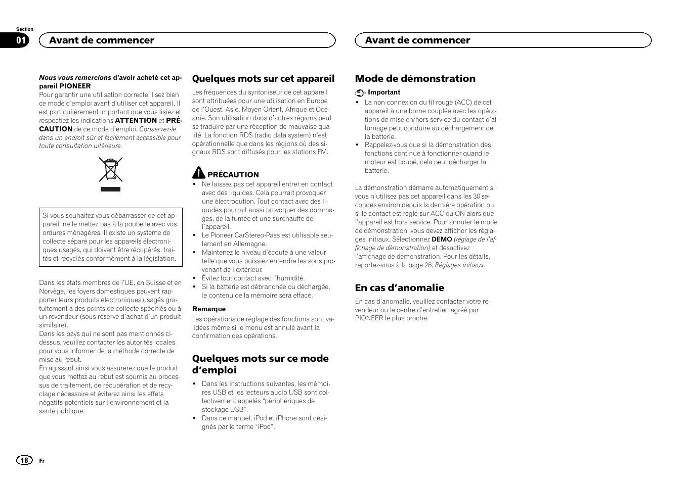 Français, Quelques mots sur cet appareil, Quelques mots sur ce mode d ’emploi | Mode de démonstration, En cas d ’anomalie, Avant de commencer | Pioneer MVH-1400UB User Manual | Page 18 / 124