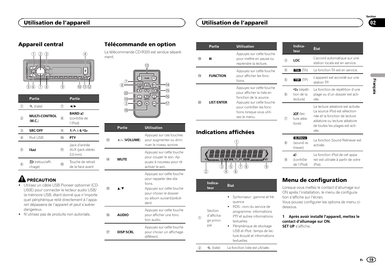 Appareil central, Télécommande en option, Indications affichées | Menu de configuration, Utilisation de l ’appareil | Pioneer MVH-1400UB User Manual | Page 19 / 124