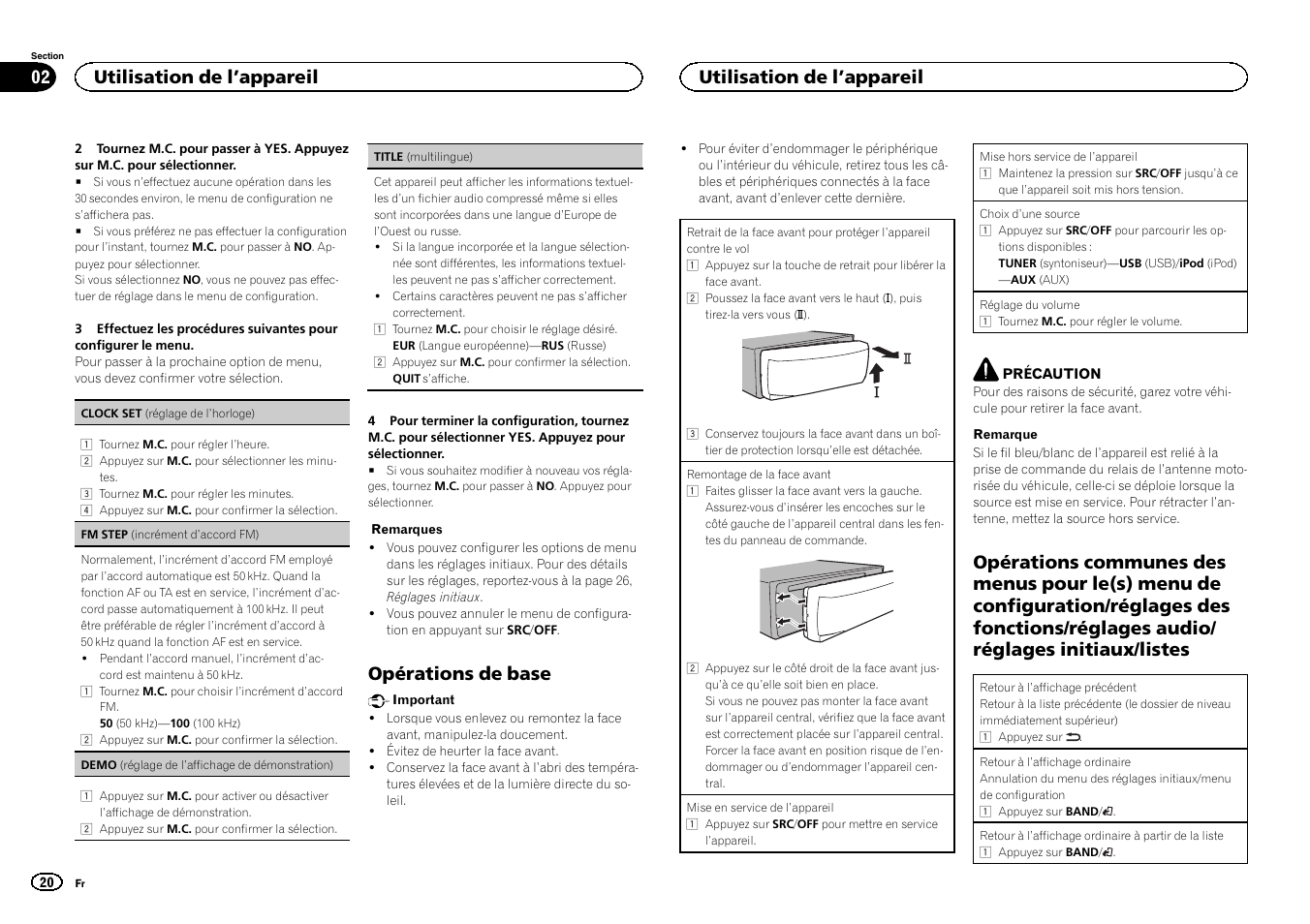 Opérations de base, Utilisation de l ’appareil | Pioneer MVH-1400UB User Manual | Page 20 / 124
