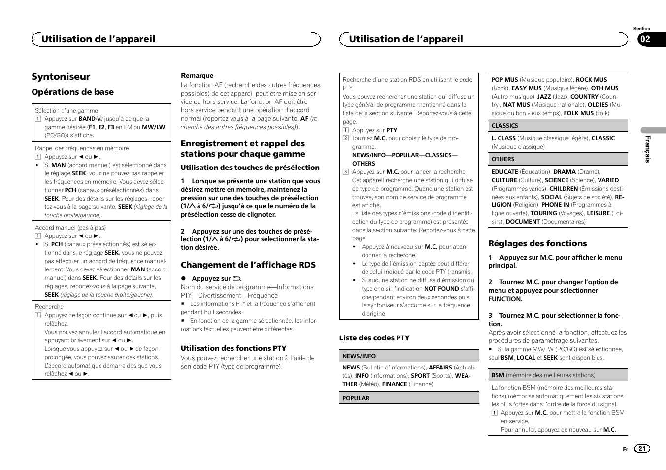 Syntoniseur, Utilisation de l ’appareil | Pioneer MVH-1400UB User Manual | Page 21 / 124