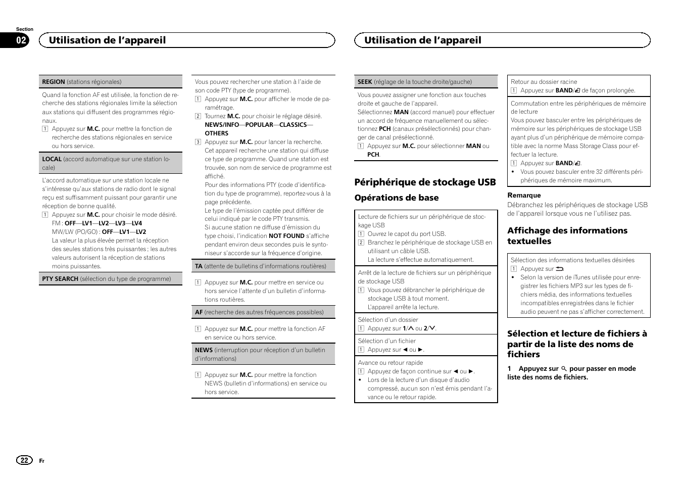 Seek (réglage de la, Touche droite/gauche), Af (re | Cherche des autres fréquences possibles)), Périphérique de stockage usb, Utilisation de l ’appareil | Pioneer MVH-1400UB User Manual | Page 22 / 124