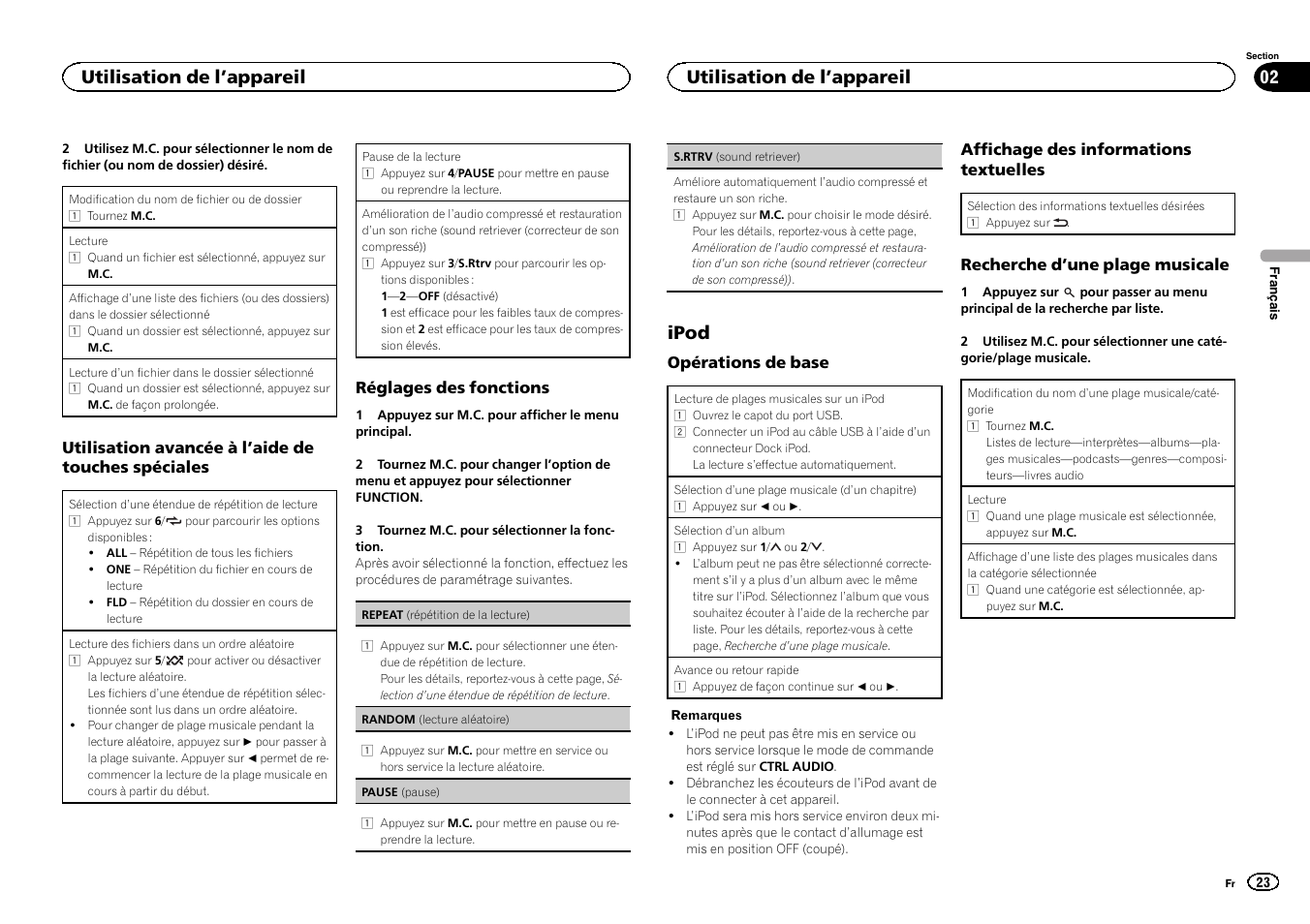 Ipod, Utilisation de l ’appareil | Pioneer MVH-1400UB User Manual | Page 23 / 124