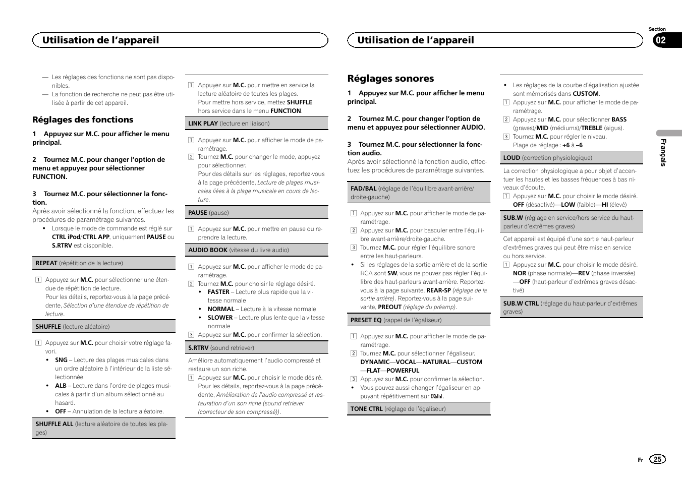 Réglages sonores, Utilisation de l ’appareil | Pioneer MVH-1400UB User Manual | Page 25 / 124