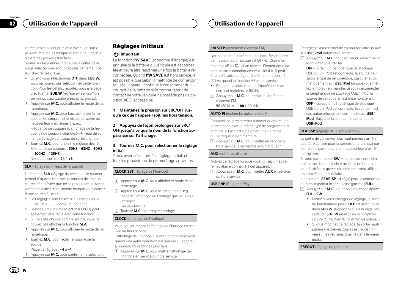 Rear-sp (réglage de la, Sortie arrière), Preout (réglage du préamp) | Réglages initiaux, Utilisation de l ’appareil | Pioneer MVH-1400UB User Manual | Page 26 / 124