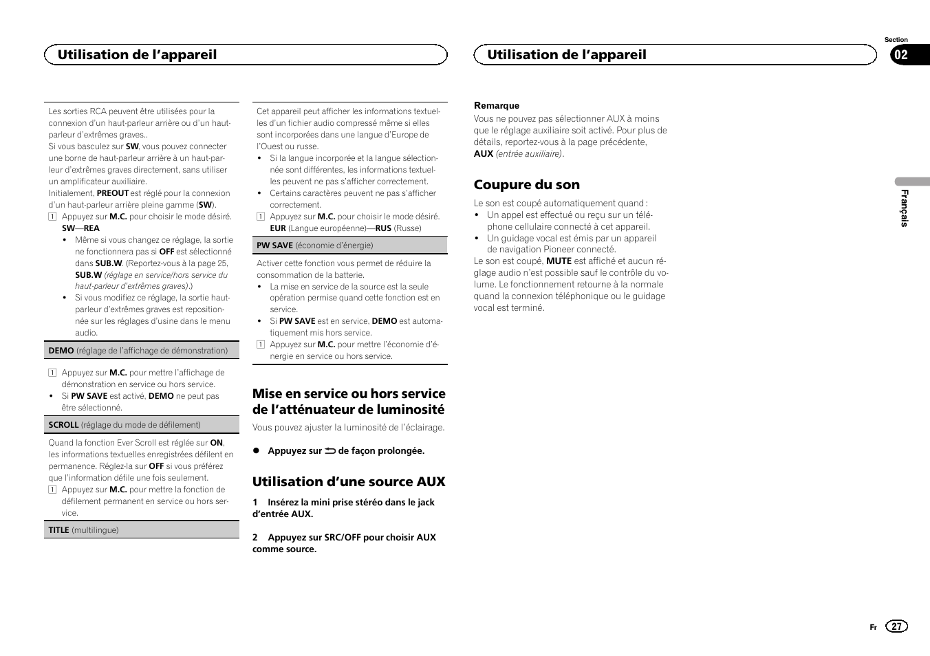 Demo (réglage de l, Fichage de démonstration), Utilisation d ’une source aux | Coupure du son, Utilisation de l ’appareil | Pioneer MVH-1400UB User Manual | Page 27 / 124