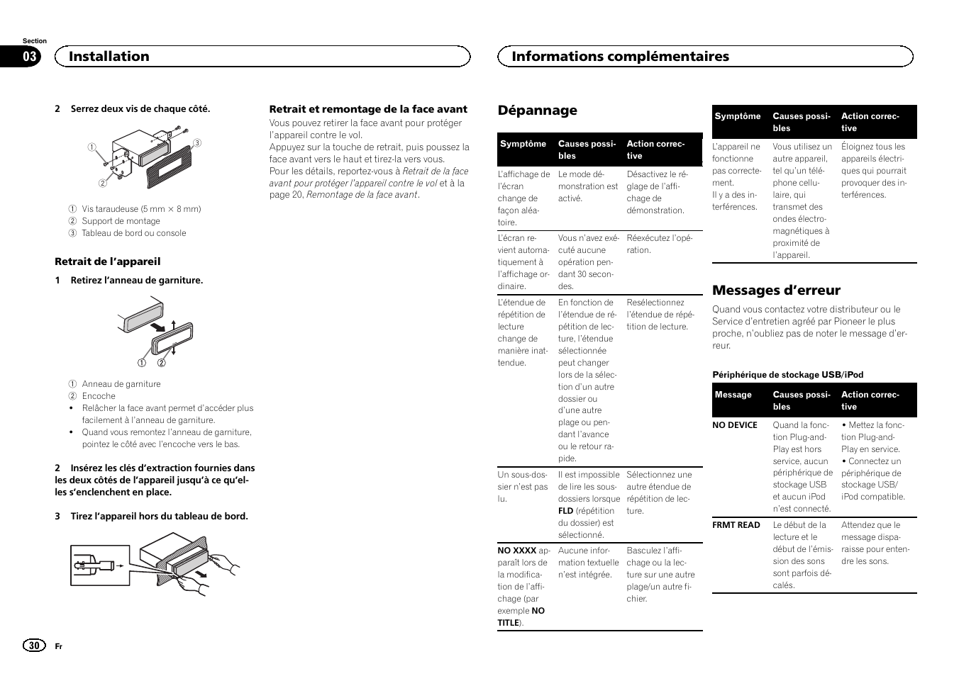 Dépannage, Messages d ’erreur, Installation | Informations complémentaires | Pioneer MVH-1400UB User Manual | Page 30 / 124