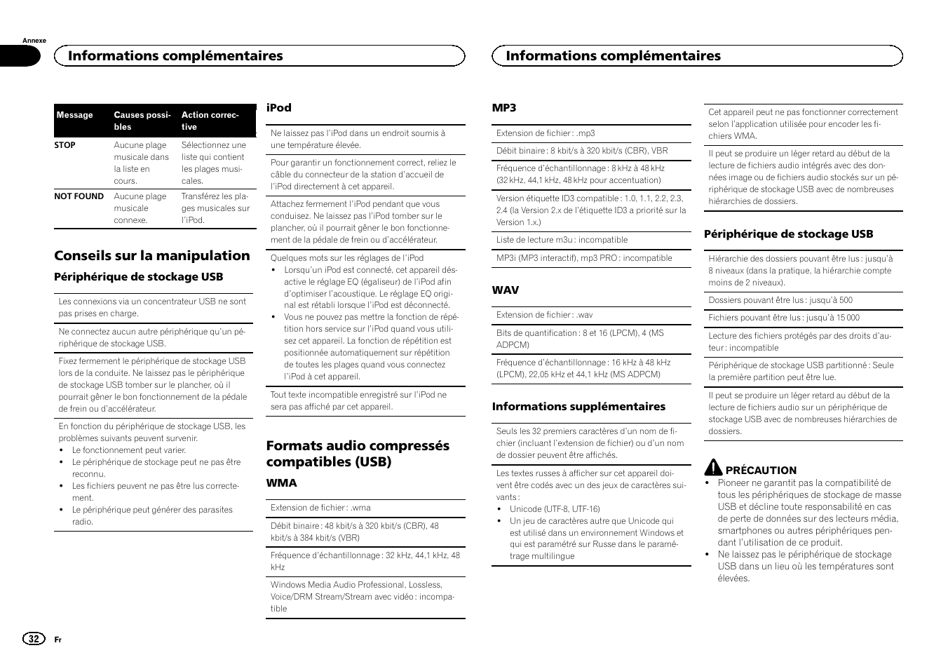 Conseils sur la manipulation, Formats audio compressés compatibles (usb), Informations complémentaires | Pioneer MVH-1400UB User Manual | Page 32 / 124