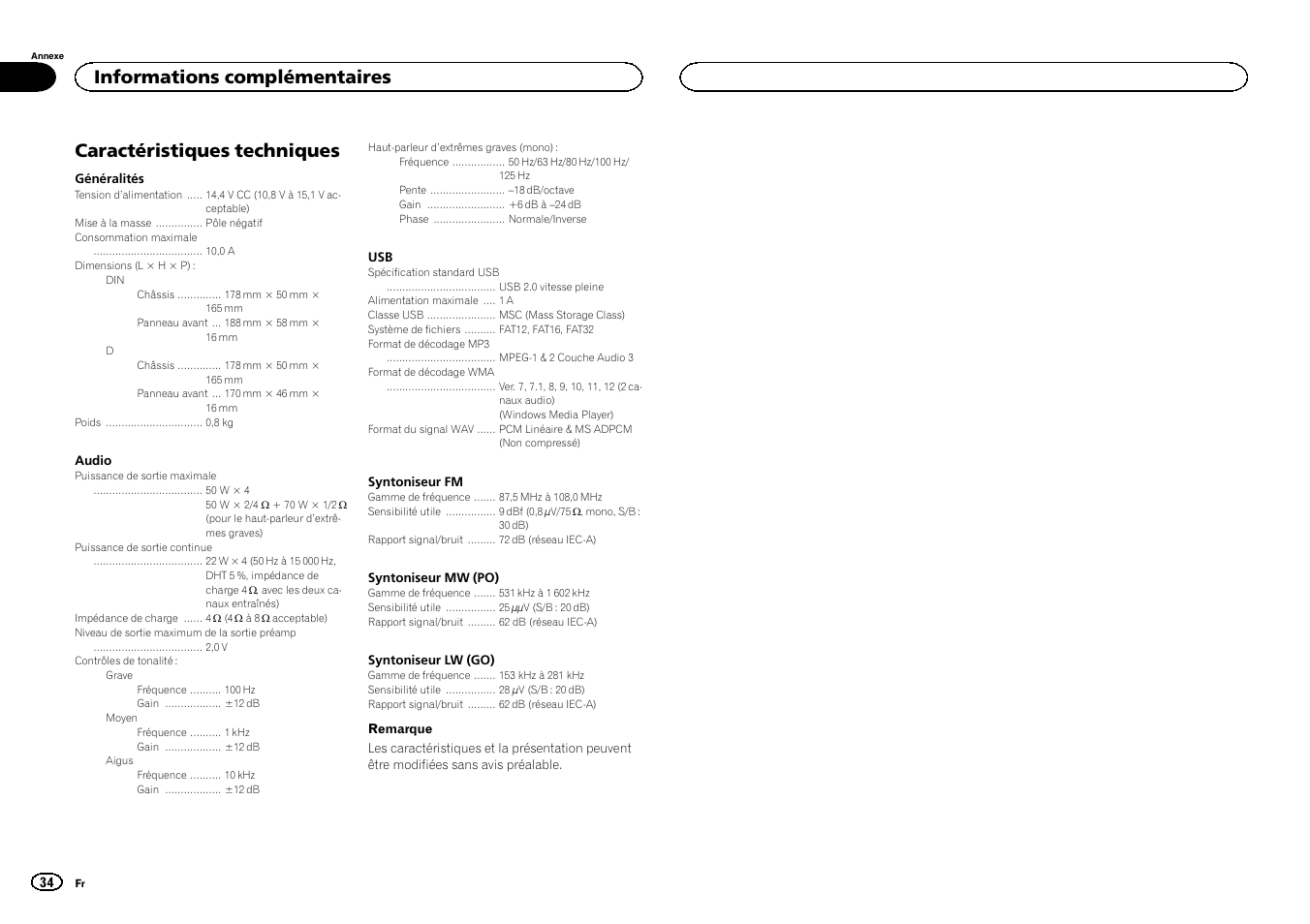 Caractéristiques techniques, Informations complémentaires | Pioneer MVH-1400UB User Manual | Page 34 / 124