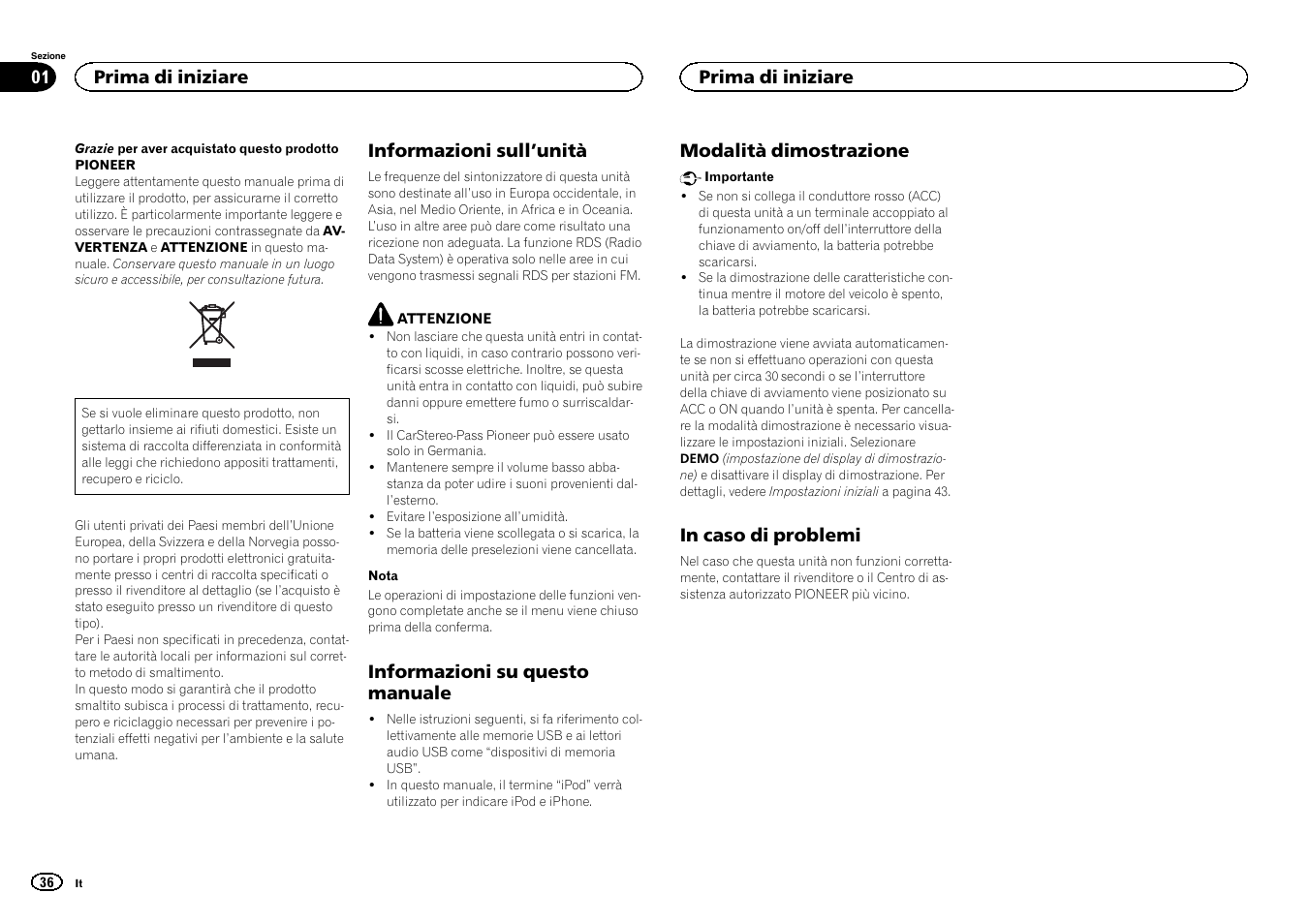 Italiano, Informazioni sull ’unità, Informazioni su questo manuale | Modalità dimostrazione, Prima di iniziare | Pioneer MVH-1400UB User Manual | Page 36 / 124