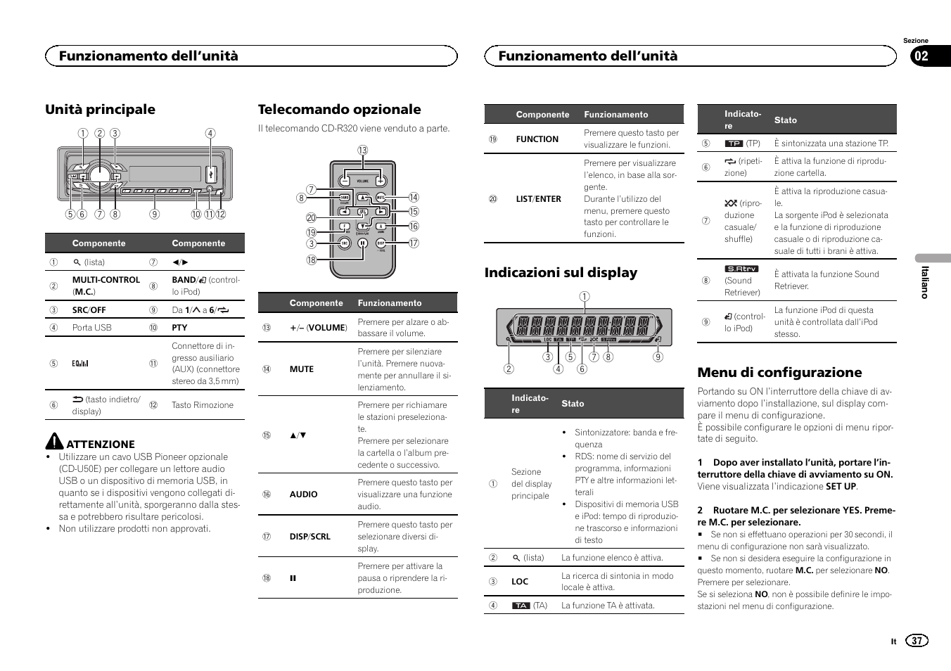 Unità principale, Telecomando opzionale, Indicazioni sul display | Menu di configurazione, Funzionamento dell ’unità | Pioneer MVH-1400UB User Manual | Page 37 / 124