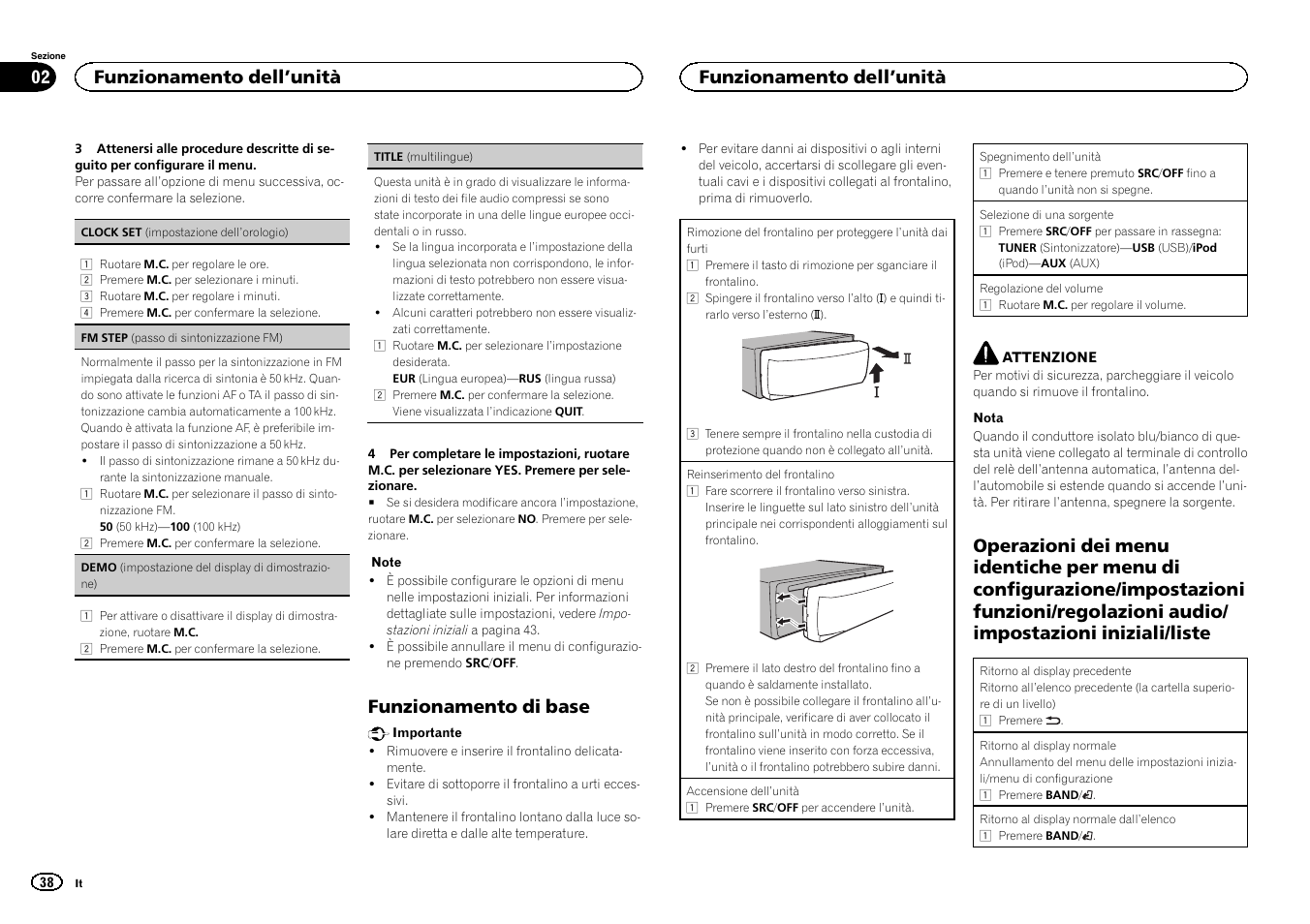 Funzionamento di base, Funzionamento dell ’unità | Pioneer MVH-1400UB User Manual | Page 38 / 124