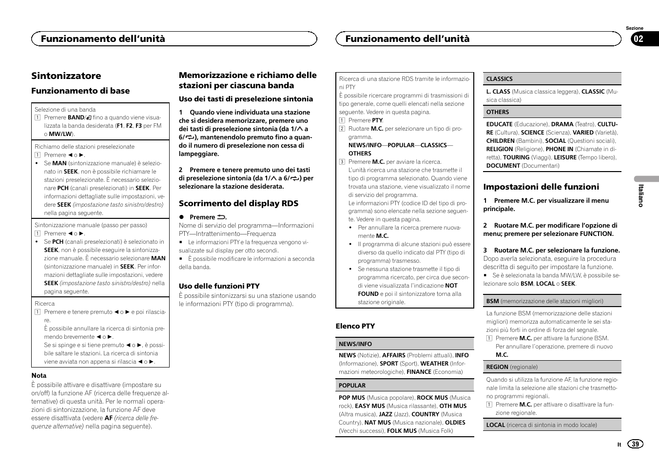 Sintonizzatore, Funzionamento dell ’unità | Pioneer MVH-1400UB User Manual | Page 39 / 124