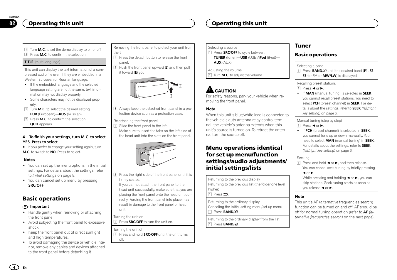 Basic operations, Tuner, Operating this unit | Pioneer MVH-1400UB User Manual | Page 4 / 124