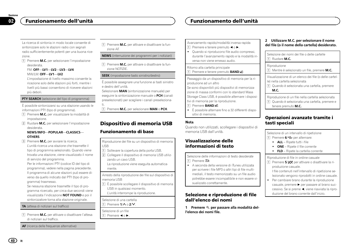 Seek (impostazione tasto sinistro/destro), Af (ricerca delle fre, Funzionamento dell ’unità | Pioneer MVH-1400UB User Manual | Page 40 / 124