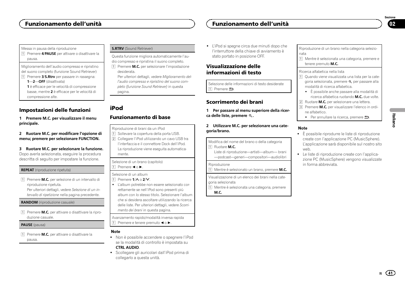 Ipod, Funzionamento dell ’unità | Pioneer MVH-1400UB User Manual | Page 41 / 124