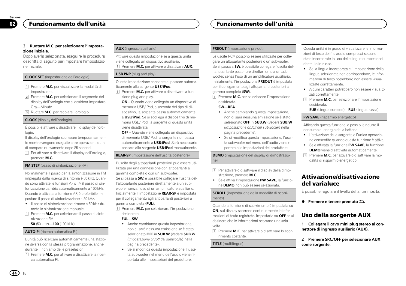 Rear-sp (impostazione dell, Uscita po, Attivazione/disattivazione del varialuce | Uso della sorgente aux, Funzionamento dell ’unità | Pioneer MVH-1400UB User Manual | Page 44 / 124