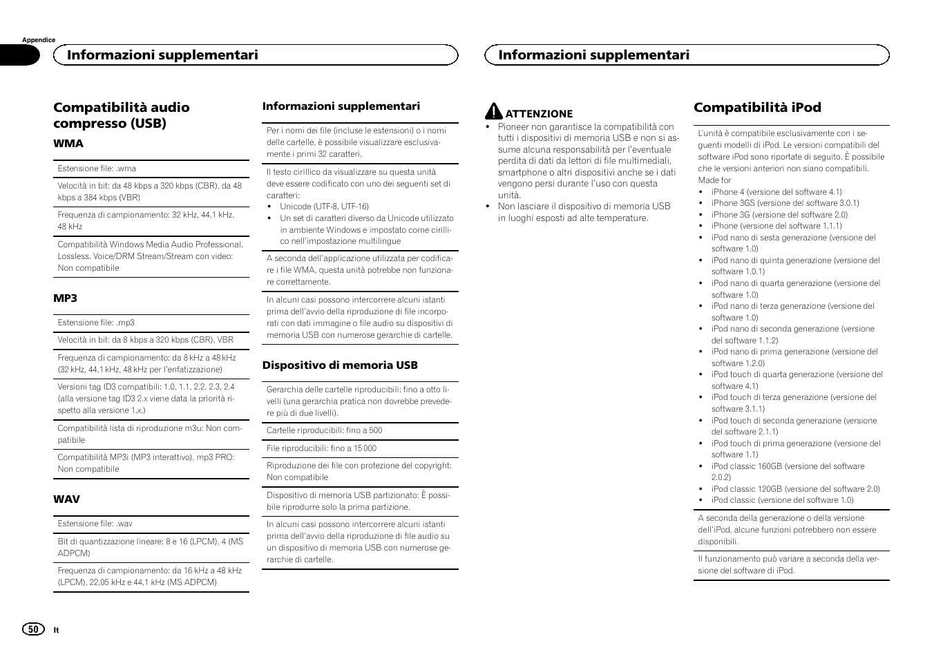 Compatibilità audio compresso (usb), Compatibilità ipod, Informazioni supplementari | Pioneer MVH-1400UB User Manual | Page 50 / 124