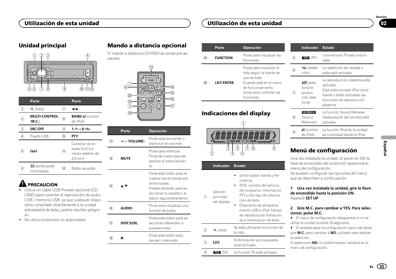 Unidad principal, Mando a distancia opcional, Indicaciones del display | Menú de configuración, Utilización de esta unidad | Pioneer MVH-1400UB User Manual | Page 55 / 124