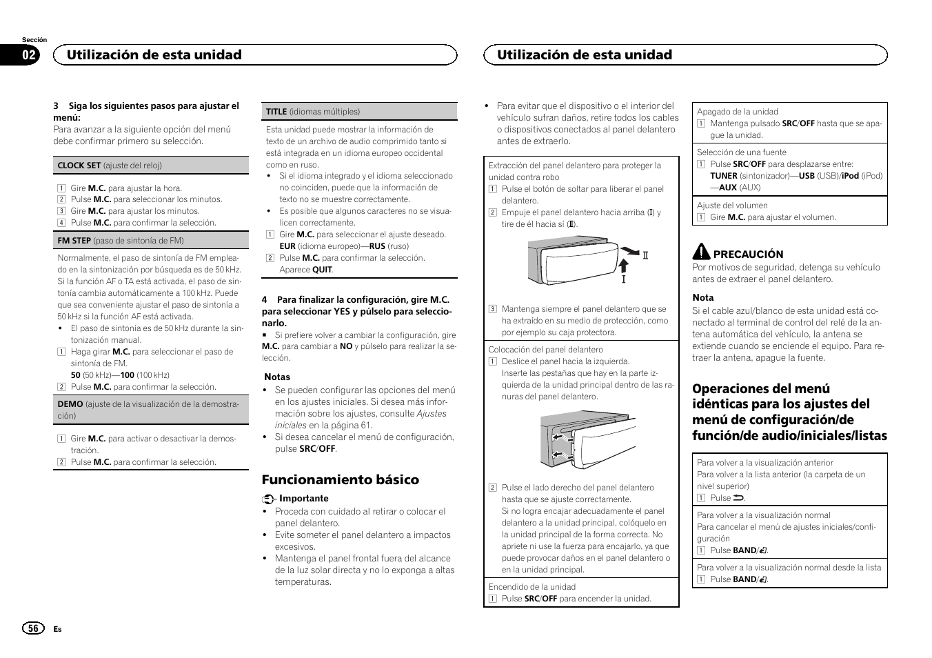 Funcionamiento básico, Utilización de esta unidad | Pioneer MVH-1400UB User Manual | Page 56 / 124