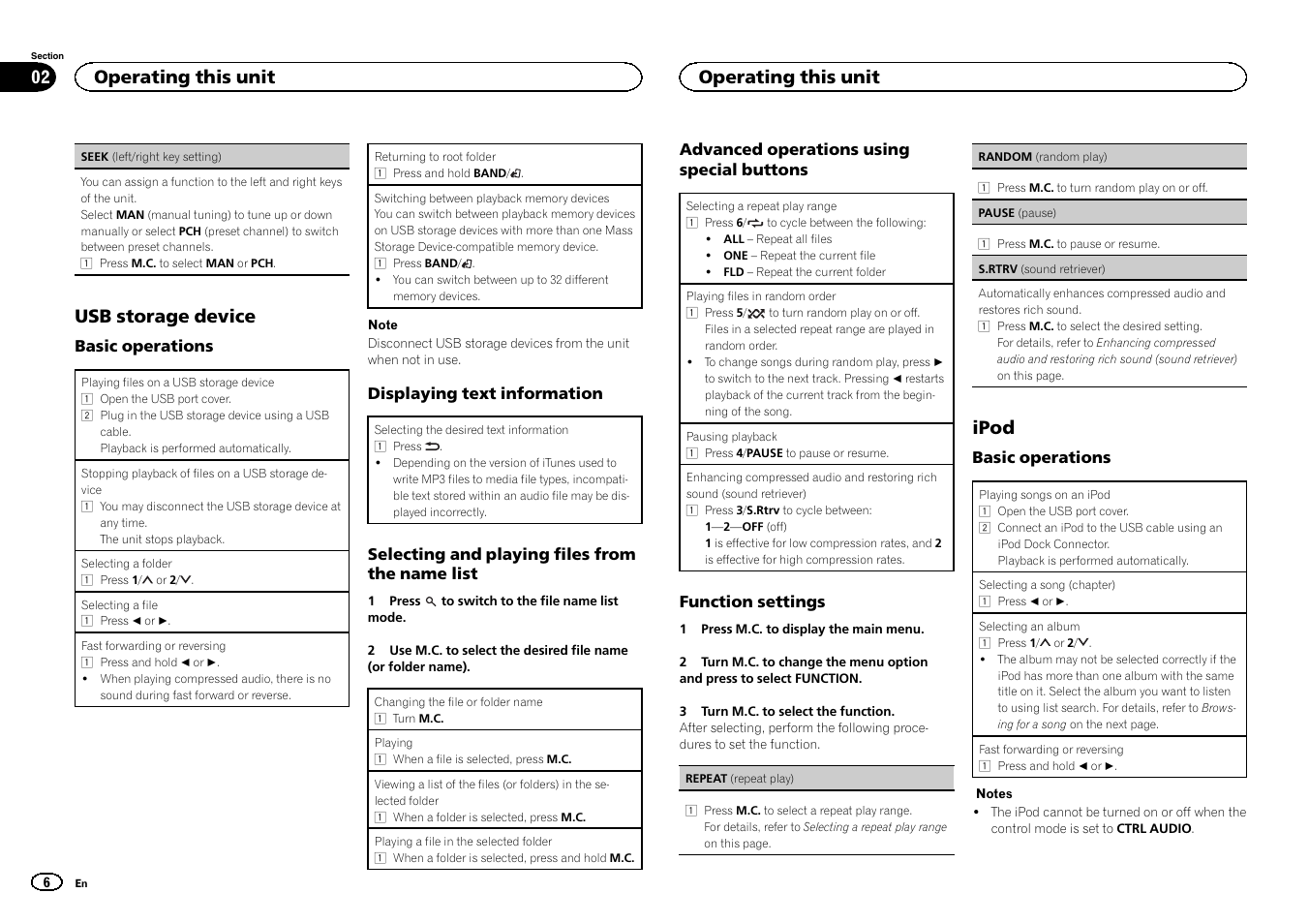 Seek (left/right, Seek, Usb storage device | Ipod, Operating this unit | Pioneer MVH-1400UB User Manual | Page 6 / 124