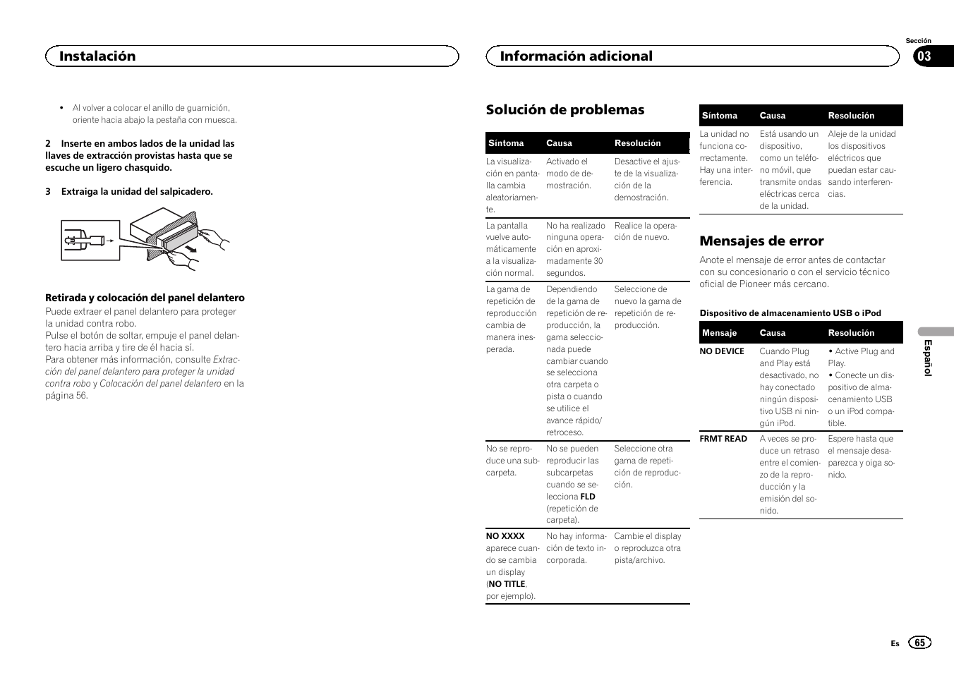 Solución de problemas, Mensajes de error, Instalación | Información adicional | Pioneer MVH-1400UB User Manual | Page 65 / 124