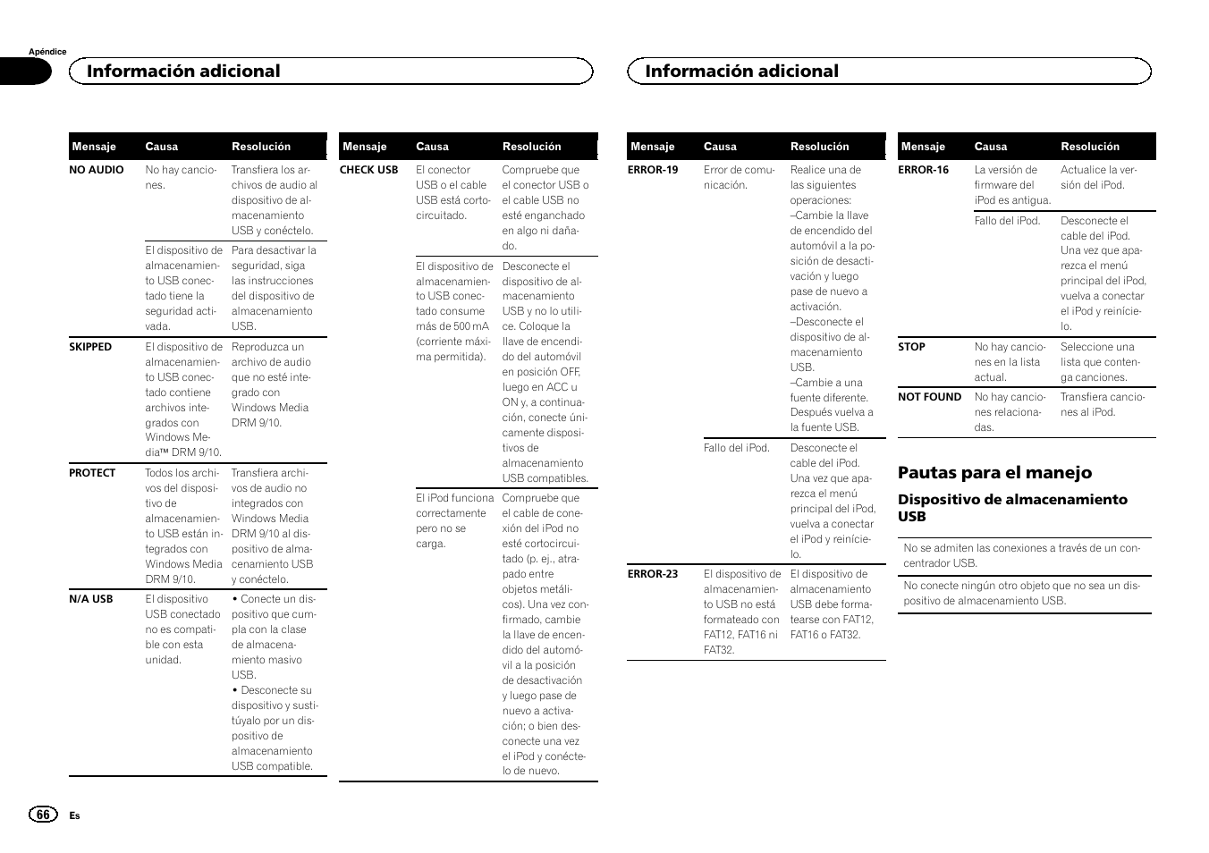 Pautas para el manejo, Información adicional | Pioneer MVH-1400UB User Manual | Page 66 / 124