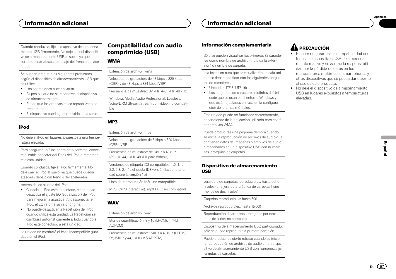 Compatibilidad con audio comprimido (usb), Información adicional | Pioneer MVH-1400UB User Manual | Page 67 / 124