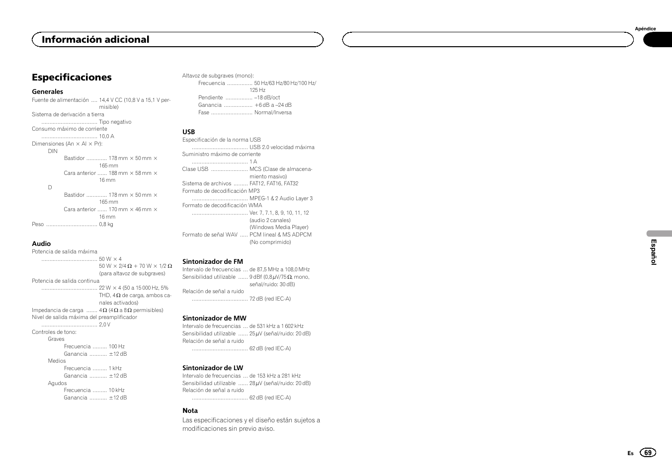 Especificaciones, Información adicional | Pioneer MVH-1400UB User Manual | Page 69 / 124