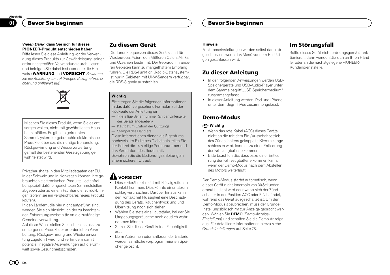 Deutsch, Zu diesem gerät, Zu dieser anleitung | Demo-modus, Im störungsfall, Bevor sie beginnen | Pioneer MVH-1400UB User Manual | Page 70 / 124