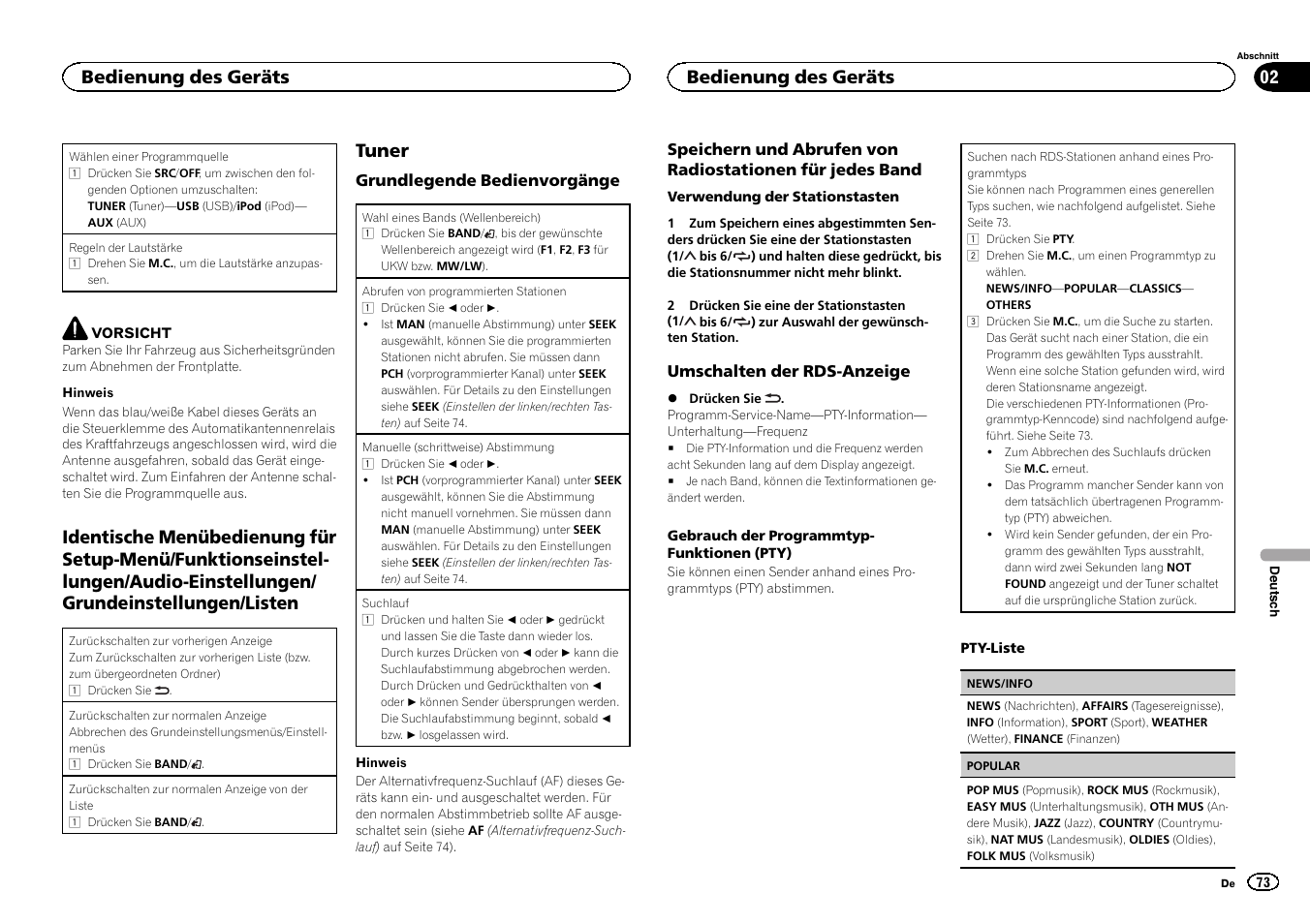 Tuner, Bedienung des geräts | Pioneer MVH-1400UB User Manual | Page 73 / 124