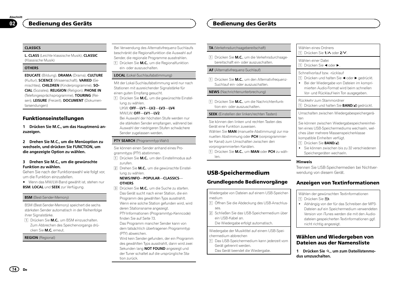 Seek (einstellen der linken/rechten tas, Ten) auf seite 74, Af (alternativfrequenz-such | Lauf) auf seite 74), Usb-speichermedium, Bedienung des geräts | Pioneer MVH-1400UB User Manual | Page 74 / 124
