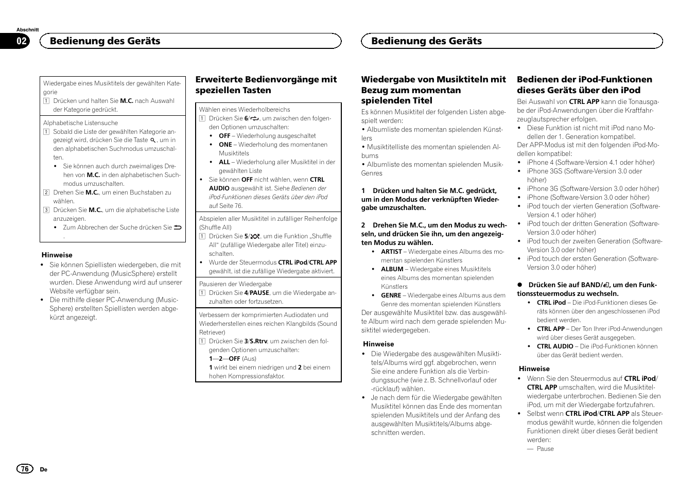 Bedienung des geräts | Pioneer MVH-1400UB User Manual | Page 76 / 124