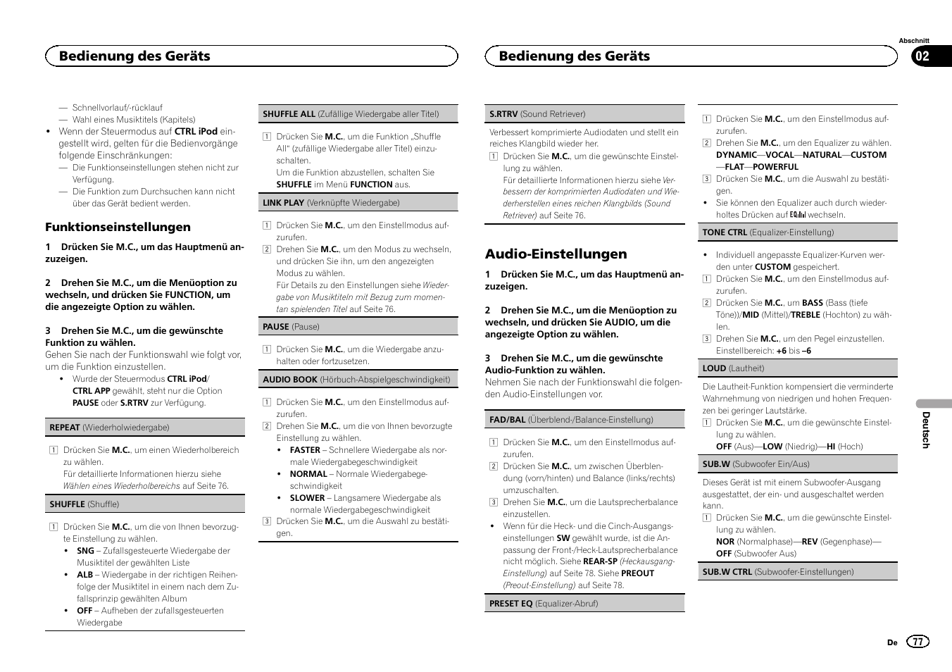 Audio-einstellungen, Bedienung des geräts | Pioneer MVH-1400UB User Manual | Page 77 / 124