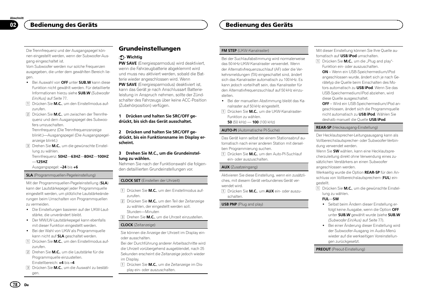 Rear-sp (heckausgang, Einstellung) auf seite 78, Preout | Preout-einstellung) auf seite 78, Grundeinstellungen, Bedienung des geräts | Pioneer MVH-1400UB User Manual | Page 78 / 124