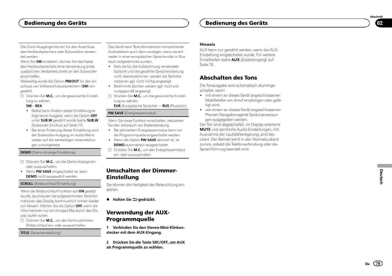 Umschalten der dimmer- einstellung, Verwendung der aux- programmquelle, Abschalten des tons | Bedienung des geräts | Pioneer MVH-1400UB User Manual | Page 79 / 124