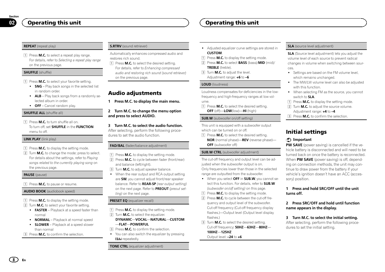Audio adjustments, Initial settings, Operating this unit | Pioneer MVH-1400UB User Manual | Page 8 / 124