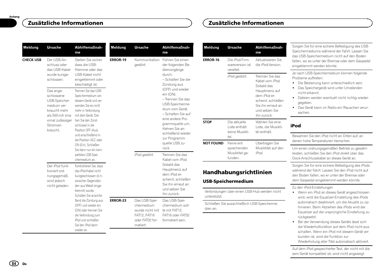 Handhabungsrichtlinien, Zusätzliche informationen | Pioneer MVH-1400UB User Manual | Page 84 / 124