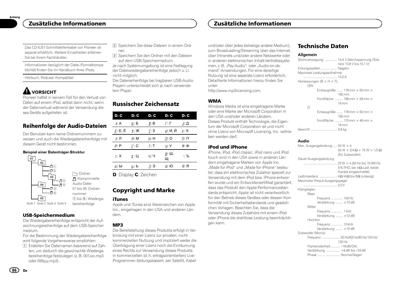 Reihenfolge der audio-dateien, Russischer zeichensatz, Copyright und marke | Technische daten, Zusätzliche informationen | Pioneer MVH-1400UB User Manual | Page 86 / 124