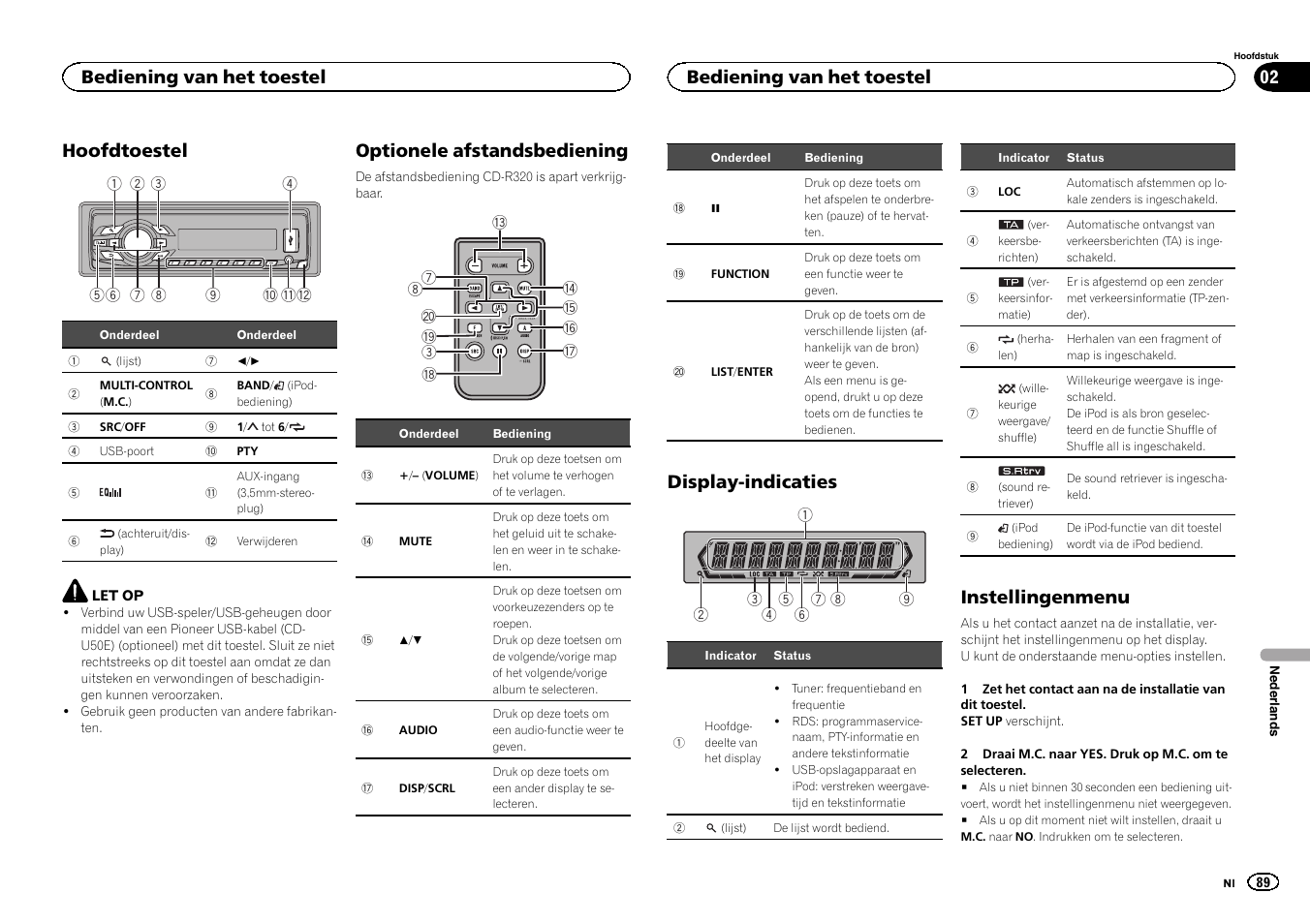 Hoofdtoestel, Optionele afstandsbediening, Display-indicaties | Instellingenmenu, Bediening van het toestel | Pioneer MVH-1400UB User Manual | Page 89 / 124
