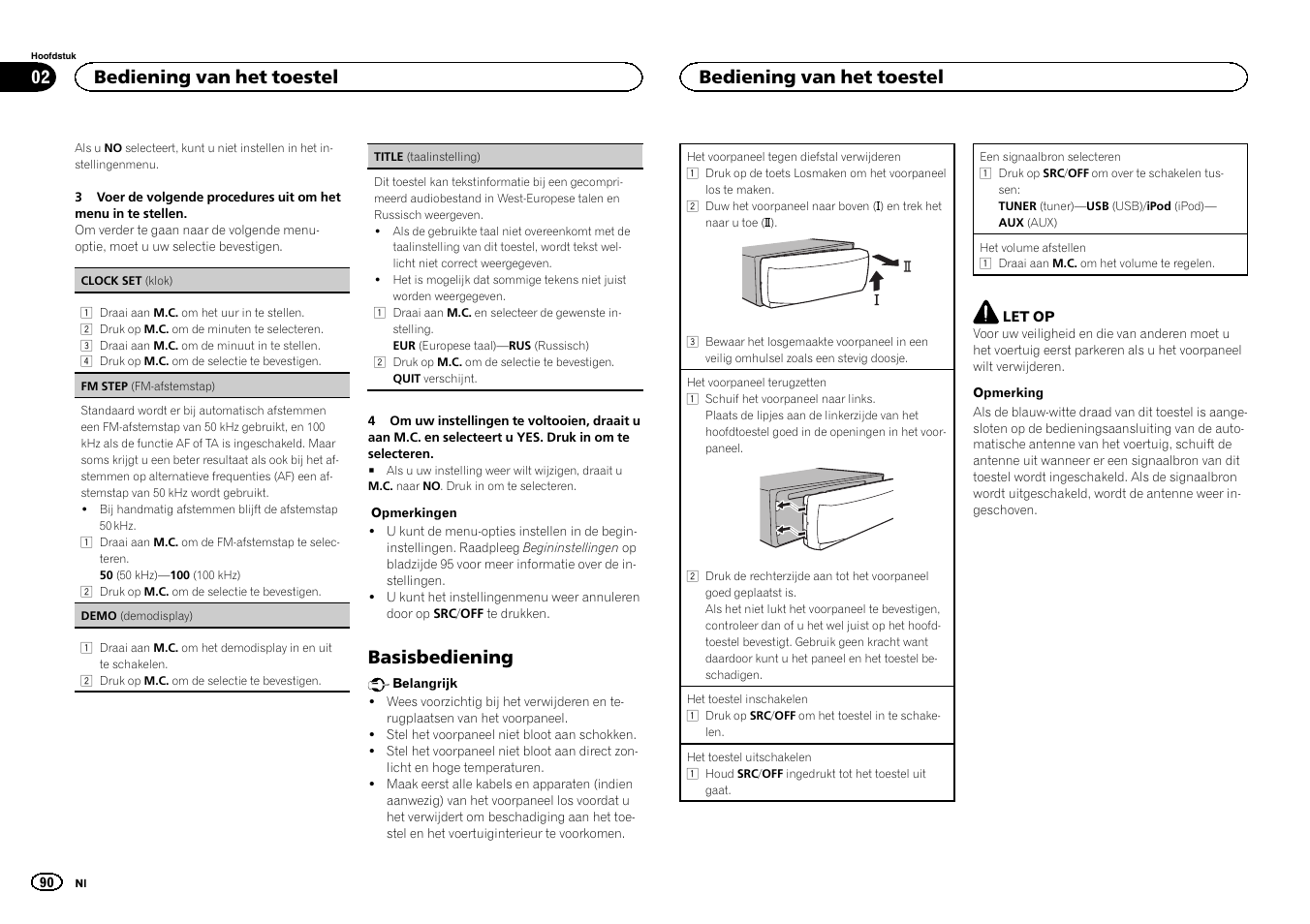 Basisbediening, Bediening van het toestel | Pioneer MVH-1400UB User Manual | Page 90 / 124