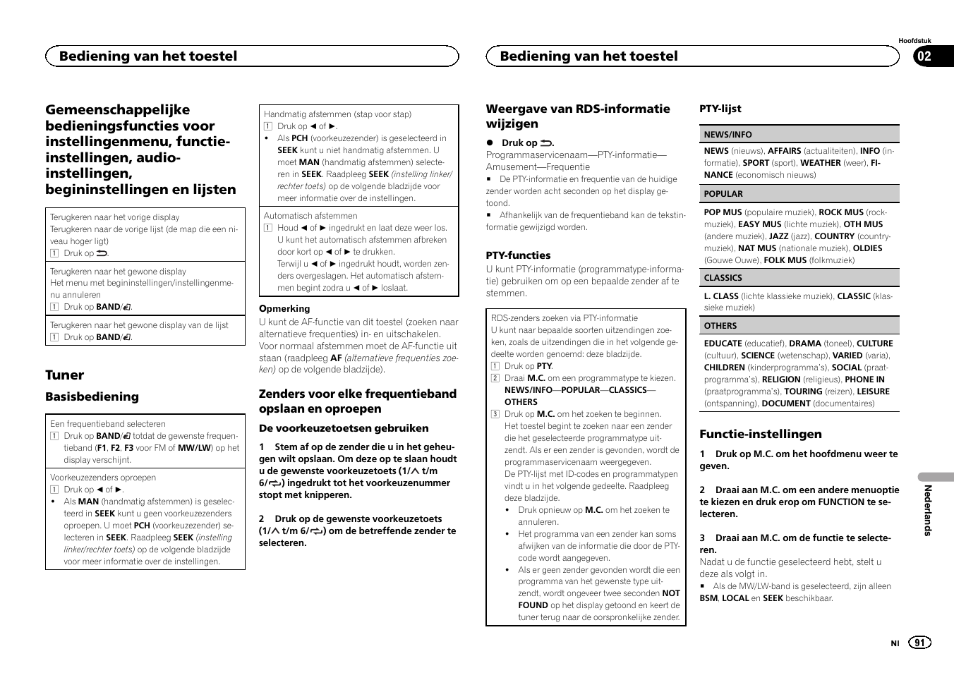 Tuner, Bediening van het toestel | Pioneer MVH-1400UB User Manual | Page 91 / 124